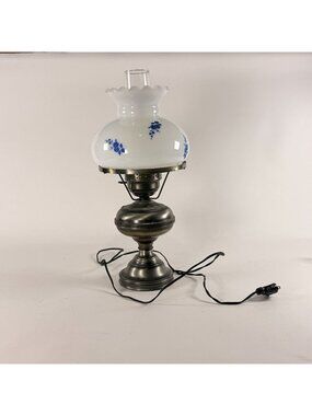 Vintage Hurricane Table Lamp W/ Floral Painted Glass Shade Electric & Metal Base